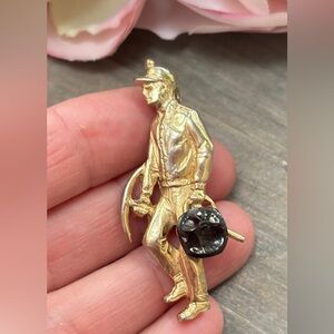 Gold and Black Miner Brooch with Black Accents Vintage